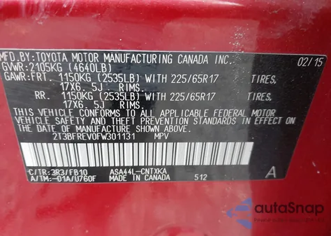 2015 Toyota Rav4 Le z USA, uszkodzony, nr VIN 2T3BFREV0FW301131